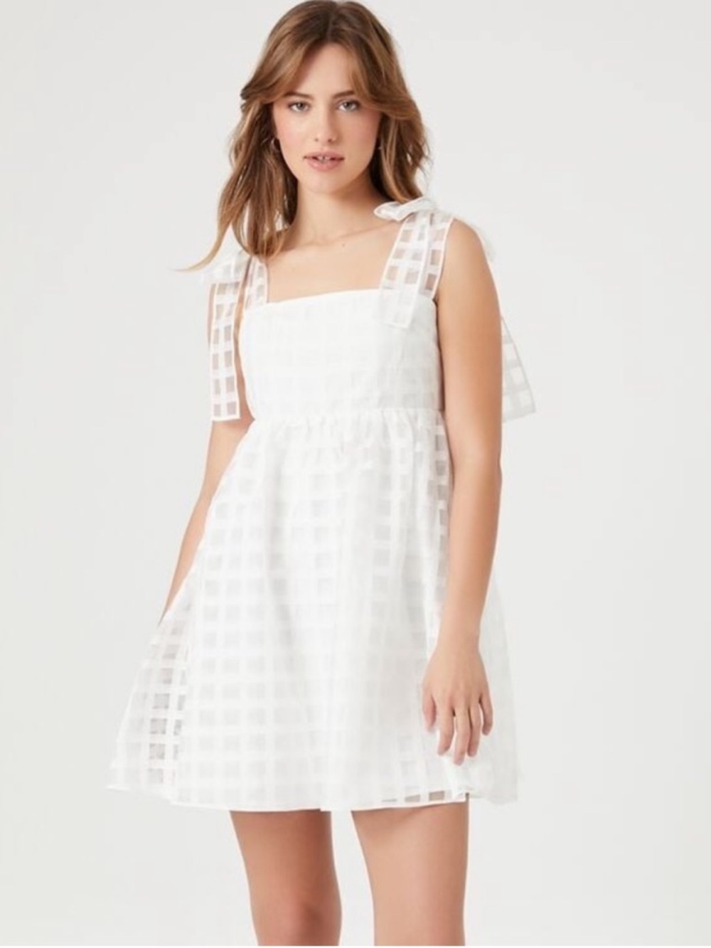 F21 Women's White Square-Check Tie-Strap Sundress